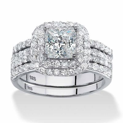 PalmBeach Jewelry Platinum-plated Sterling Silver Princess Cut Cubic Zirconia Halo 3 Piece Bridal Ring Set Sizes 5-10 Size 6 Image 1