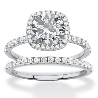 PalmBeach Jewelry Platinum-plated Sterling Silver Round Cubic Zirconia Halo Bridal Ring Set Sizes 6-10 Size 6 Image 1