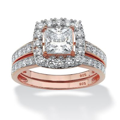 PalmBeach Jewelry Rose Gold-plated Sterling Silver Princess Cut Cubic Zirconia Halo Bridal Ring Set Sizes 6-10 Size 6 Image 1