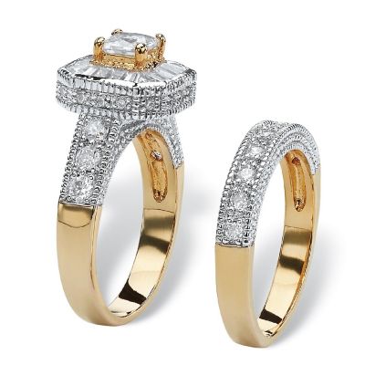 PalmBeach Jewelry Yellow Gold-plated Cushion Cubic Zirconia Two Tone Vintage Style Bridal Ring Set Sizes 6-10 Size 6 Image 1