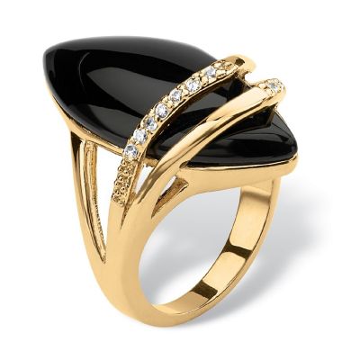 PalmBeach Jewelry Yellow Gold-plated Marquise Shaped Natural Black Onyx and Round Cubic Zirconia Ring Sizes 6-12 Size 10 Image 3