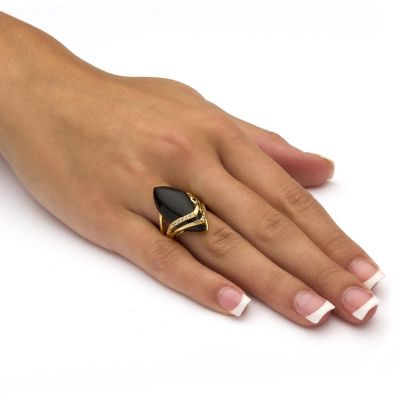 PalmBeach Jewelry Yellow Gold-plated Marquise Shaped Natural Black Onyx and Round Cubic Zirconia Ring Sizes 6-12 Size 6 Image 2