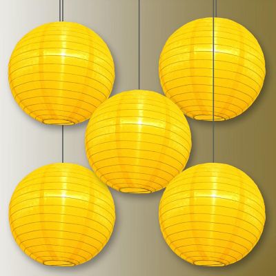 PaperLanternStore 5 PACK 14" Yellow Shimmering Nylon Lantern, Even Ribbing, Durable Image 2