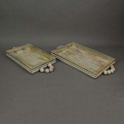 PD Home & Garden Set of 2 Hand Carved White Washed Wooden Decorative Serving Trays Home Decor Image 1