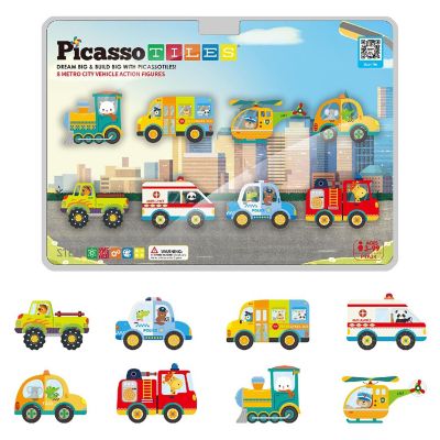 PicassoTiles 8pc Magnet Building Blocks Metro City 8 Vehicle Magnetized Action Figures - PTA24 Image 1