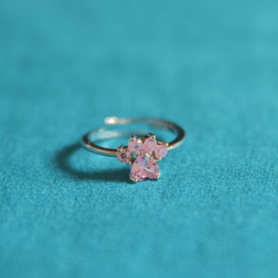Pink Paw Print Adjustable Ring - Silver Image 1
