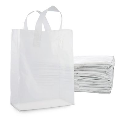 Plastic Bags with Handles 10x5x13 Inch 100 Pack Medium Frosted White Gift Bags with Cardboard Bottom Image 1