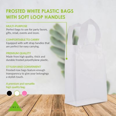 Plastic Bags with Handles - 50 Pack Small Frosted White Gift Bags with Cardboard Bottom, Clear Shopping Totes in Bulk for Retail, Parties - 6x3x9 Image 1