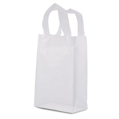 Plastic Bags with Handles - 50 Pack Small Frosted White Gift Bags with Cardboard Bottom, Clear Shopping Totes in Bulk for Retail, Parties - 6x3x9 Image 2