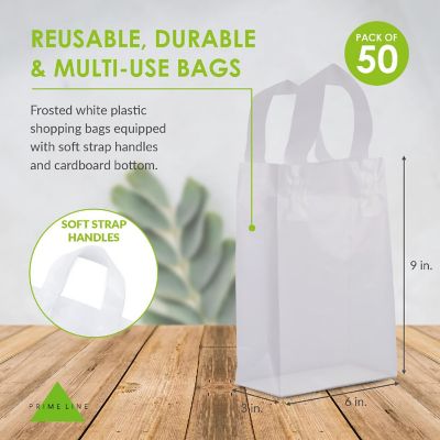 Plastic Bags with Handles - 50 Pack Small Frosted White Gift Bags with Cardboard Bottom, Clear Shopping Totes in Bulk for Retail, Parties - 6x3x9 Image 3