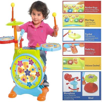 Play Baby Musical Big Toy Kids Drum Set with Adjustable Mic and Seat  Many Functions Image 2