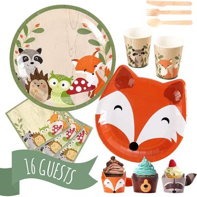 Pop Fizz Designs Woodland Creatures Party Pack - Plates, Napkins, Cups, Silverware, and Cupcake Wrappers Image 1