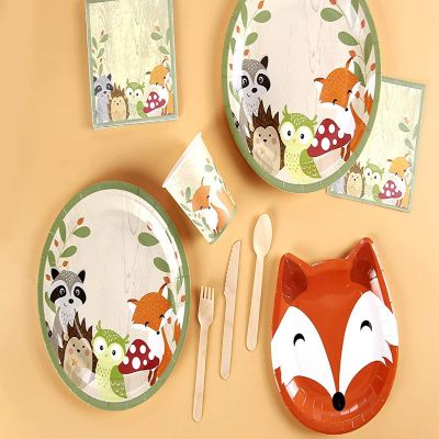 Pop Fizz Designs Woodland Creatures Party Pack - Plates, Napkins, Cups, Silverware, and Cupcake Wrappers Image 1