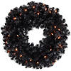 Pre-Lit Black Noble Spruce Artificial Halloween Wreath  24-Inch  Orange Lights Image 1