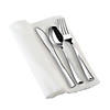Premium Silver Plastic Cutlery in White Napkin Rolls Set - Napkins, Forks, Knives, Spoons and Paper Rings (100 Sets) Image 1