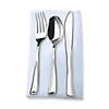 Premium Silver Plastic Cutlery in White Pocket Napkin Set - Napkins, Forks, Knives, and Spoons (70 Sets) Image 1