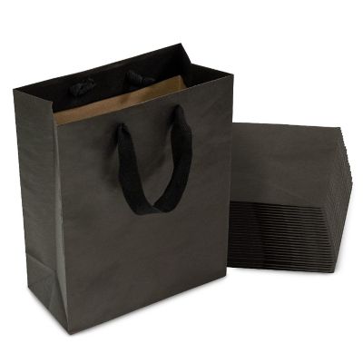 Prime Line Packaging- 8x4x10 Inch 25 Pack Small Black Kraft Paper Gift Bags with Handles Image 1