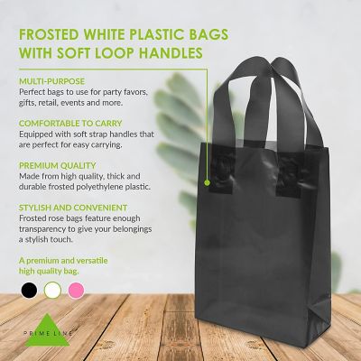 Prime Line Packaging Black Gift Bags, Plastic Bags with Handles Frosted Black 6x3x9 50 Pack Image 1