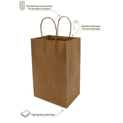 Prime Line Packaging Brown Paper Bags with Handles, Gift Bags Bulk 6x3x9 100 Pack Image 2