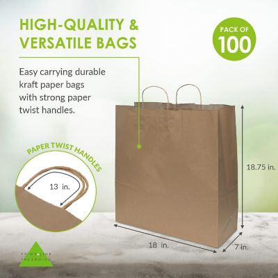 Prime Line Packaging Extra Large Brown Paper Bags with Handles, Shopping Bags Bulk 18x7x18.75 100 Pack Image 2