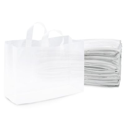 Prime Line Packaging Plastic Bag with Handles, Extra Large Frosted White Clear Gift Bags 16x6x12 100 Pack Image 1