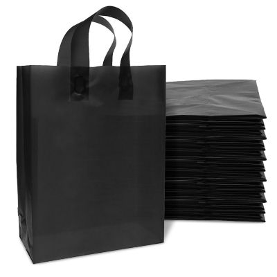 Prime Line Packaging Plastic Gift Bags, Black Gift Bags with Handles, Favor Bags 10x5x13 100 Pack Image 1