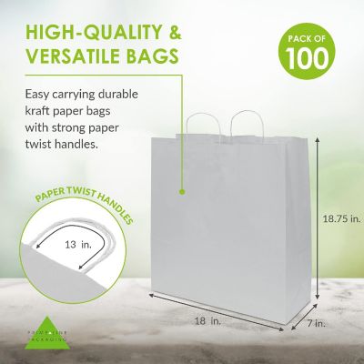 Prime Line Packaging White Paper Bags, Extra Large Shopping Bags with Handles 18x7x18.75 100 Pack Image 2