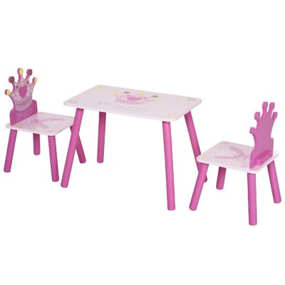 Qaba 3 Piece Kids Wooden Table and Chair Set Crown Pattern Gift for Girls Toddlers Arts Reading Writing Age 3 Years+ Pink Image 1