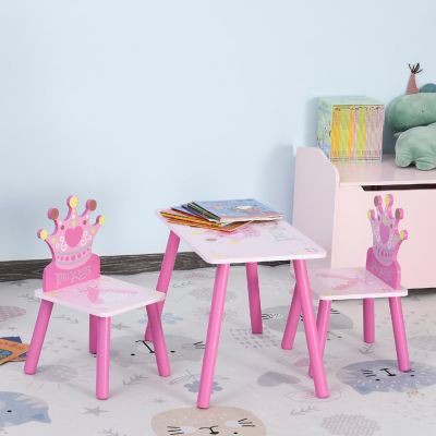 Qaba 3 Piece Kids Wooden Table and Chair Set Crown Pattern Gift for Girls Toddlers Arts Reading Writing Age 3 Years+ Pink Image 2