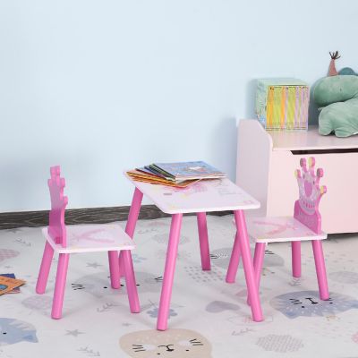 Qaba 3 Piece Kids Wooden Table and Chair Set Crown Pattern Gift for Girls Toddlers Arts Reading Writing Age 3 Years+ Pink Image 3