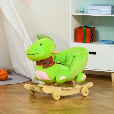 Qaba Baby Rocking horse Kids Interactive 2 in 1 Plush Ride On Toys Stroller Rocking Dinosaur with Wheels and Nursery Song Image 3