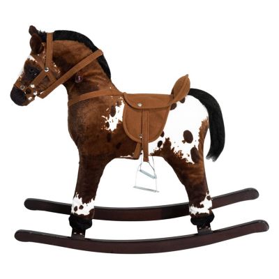 Qaba Kids Metal Plush Ride On Rocking Horse Chair Toy With Realistic Sounds   Dark Brown/White Image 1