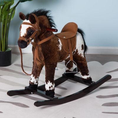 Qaba Kids Metal Plush Ride On Rocking Horse Chair Toy With Realistic Sounds   Dark Brown/White Image 3