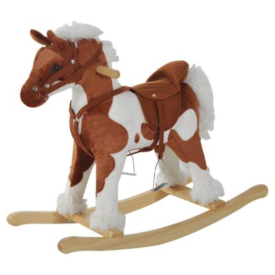 Qaba Kids Plush Ride On Toy Rocking Horse Toddler Plush Animal Rocker with Nursery Rhyme Music   Light Brown / White Image 1