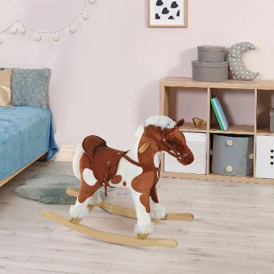 Qaba Kids Plush Ride On Toy Rocking Horse Toddler Plush Animal Rocker with Nursery Rhyme Music   Light Brown / White Image 2