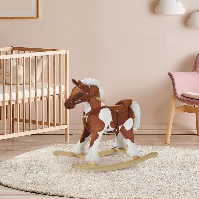 Qaba Kids Plush Ride On Toy Rocking Horse Toddler Plush Animal Rocker with Nursery Rhyme Music   Light Brown / White Image 3