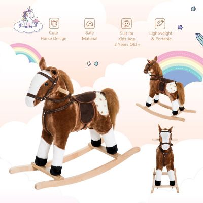 Qaba Kids Plush Toy Rocking Horse Pony Toddler Ride on Animal for Girls Pink Birthday Gifts with Realistic Sounds Brown Image 3