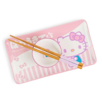 Sanrio Hello Kitty Pink 3-Piece Ceramic Sushi Set With Sauce Bowl and Chopsticks Image 1