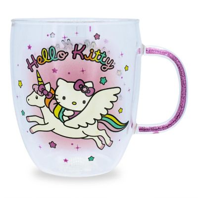 Sanrio Hello Kitty Unicorn Glass Mug With Glitter Handle  Holds 14 Ounces Image 1