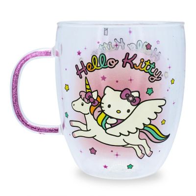 Sanrio Hello Kitty Unicorn Glass Mug With Glitter Handle  Holds 14 Ounces Image 1