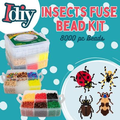 SCS Direct 8,000pc DIY Fuse Bead Kit w Carrying Case - Bugs and Insects - 21 Colors, 12 Unique Templates, 4 Peg Boards, Tweezers, Ironing Paper - Works w Perler Beads Kits, Pixel Art Color by Numbers Craft Gift Image 1