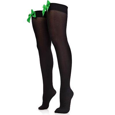 Skeleteen Bow Accent Thigh Highs - Black Over the Knee High Stockings with Green Satin Ribbon Bow Accent for Women and Girls Image 1