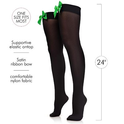 Skeleteen Bow Accent Thigh Highs - Black Over the Knee High Stockings with Green Satin Ribbon Bow Accent for Women and Girls Image 2