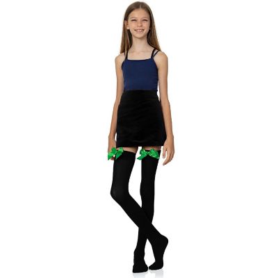 Skeleteen Bow Accent Thigh Highs - Black Over the Knee High Stockings with Green Satin Ribbon Bow Accent for Women and Girls Image 3