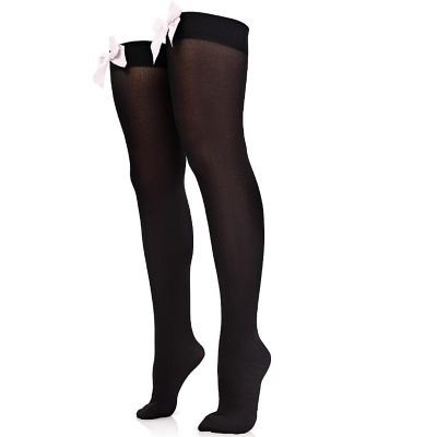 Skeleteen Bow Accent Thigh Highs - Black Over the Knee High Stockings with White Satin Ribbon Bow Accent for Women and Girls Image 1