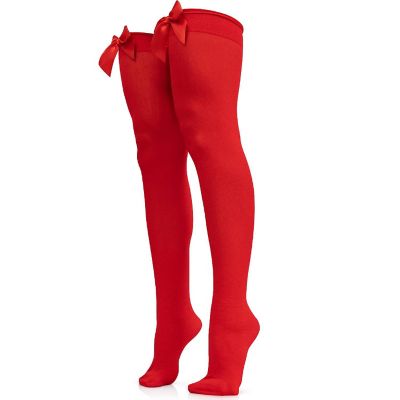 Skeleteen Bow Accent Thigh Highs - Red Over The Knee High Stockings with Red Satin Ribbon Bow Accent for Women and Girls Image 1