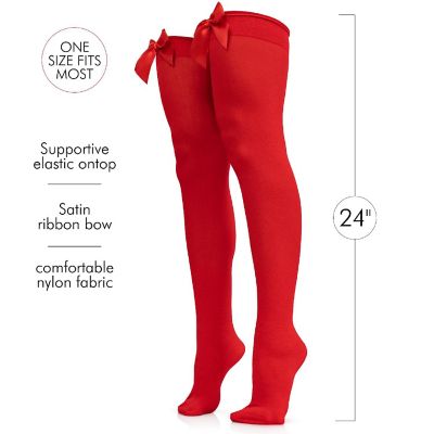 Skeleteen Bow Accent Thigh Highs - Red Over The Knee High Stockings with Red Satin Ribbon Bow Accent for Women and Girls Image 2