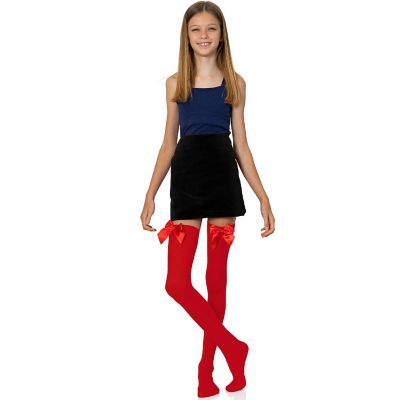 Skeleteen Bow Accent Thigh Highs - Red Over The Knee High Stockings with Red Satin Ribbon Bow Accent for Women and Girls Image 3