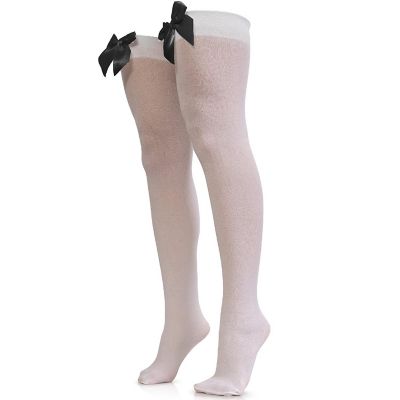 Skeleteen Bow Accent Thigh Highs - White Over the Knee High Stockings with Black Satin Ribbon Bow Accent for Women and Girls Image 1