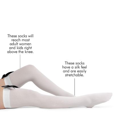 Skeleteen Bow Accent Thigh Highs - White Over the Knee High Stockings with Black Satin Ribbon Bow Accent for Women and Girls Image 1